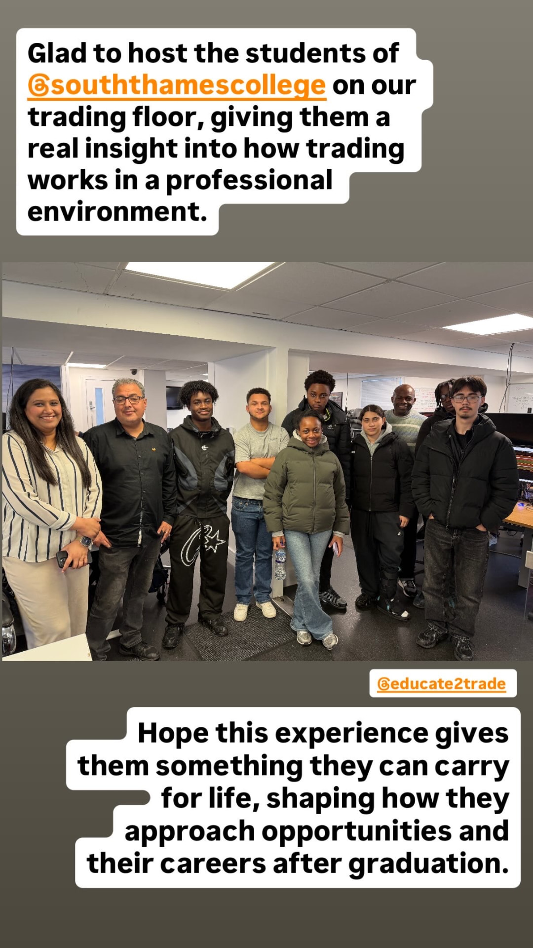 Group photo of Wandsworth College students with the Educate2Trade team