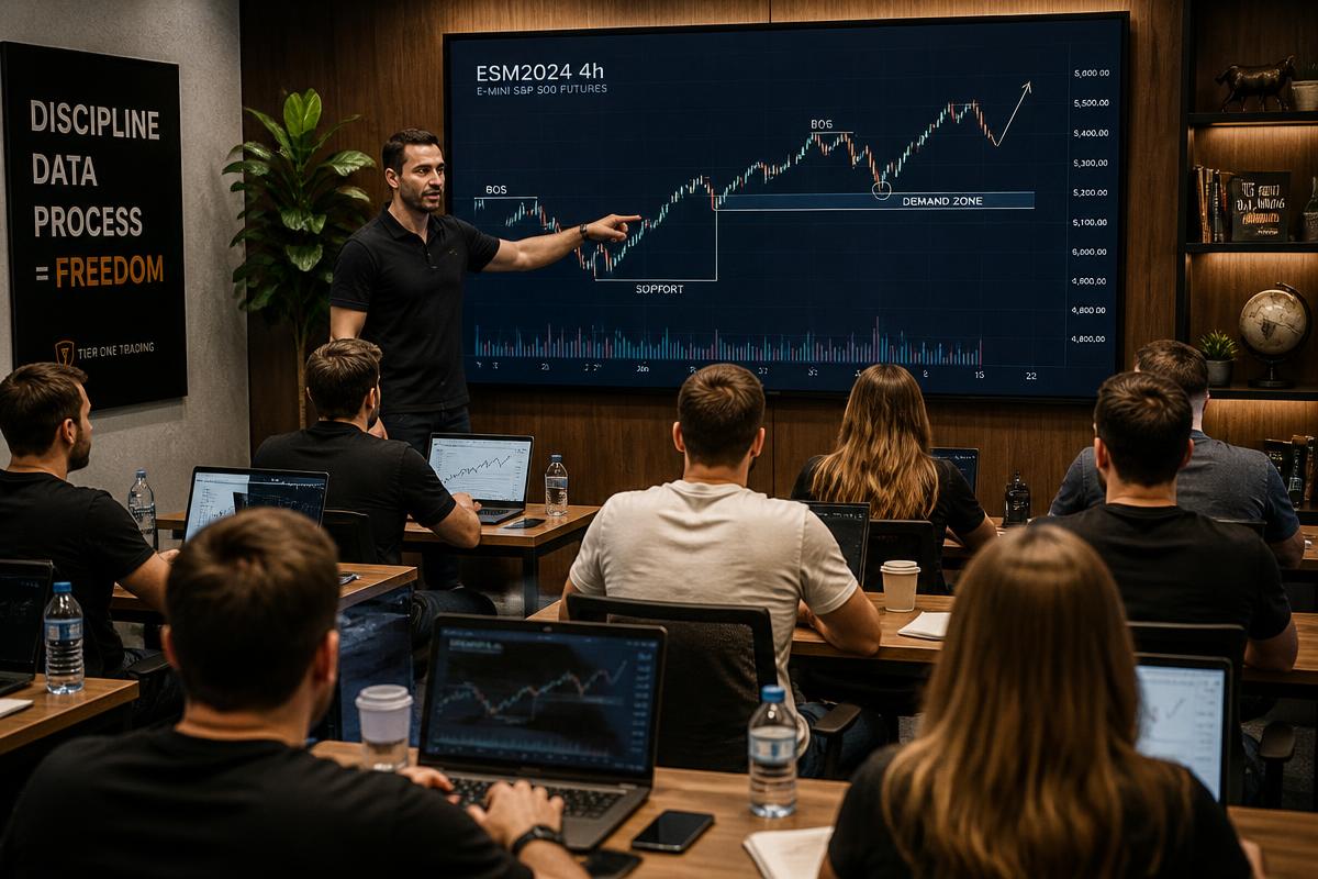 Advanced trading class with instructor analysing charts