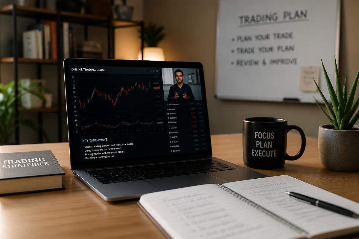 Online trading class on a laptop with notes and trading plan