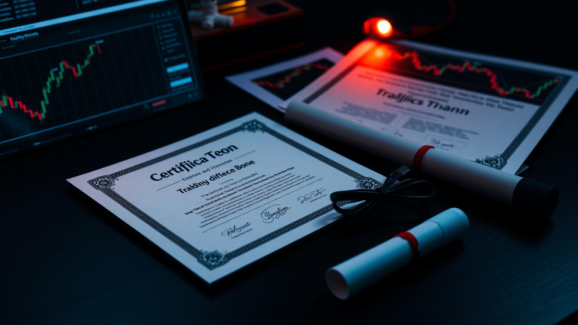 Financial trading diploma certificate beside live market charts