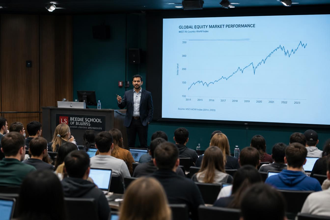 Guest trading lecture in a university auditorium