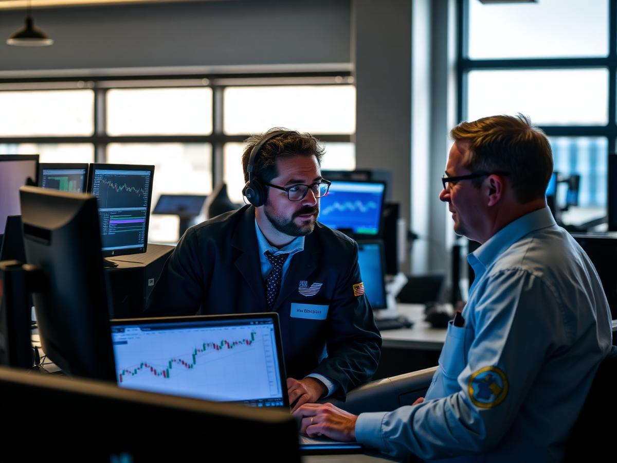 A trader working at a multi-screen desk on the Educate2Trade trading floor